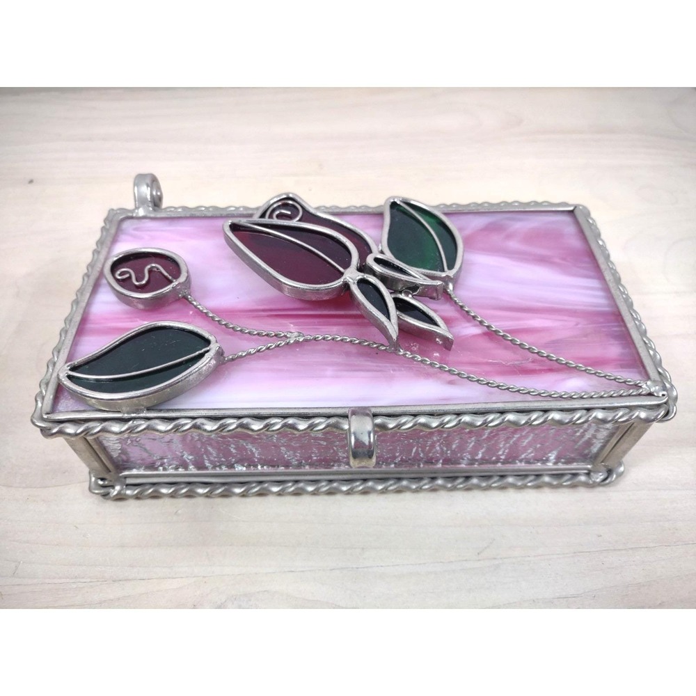 Vtg Stained Pink Slag Glass Jewelry Storage Box Red Roses 3D Lid